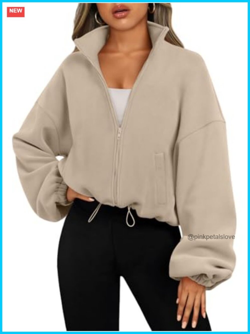 Womens Oversized Cropped Fleece Jacket Zip Up Long Sleeve Casual
